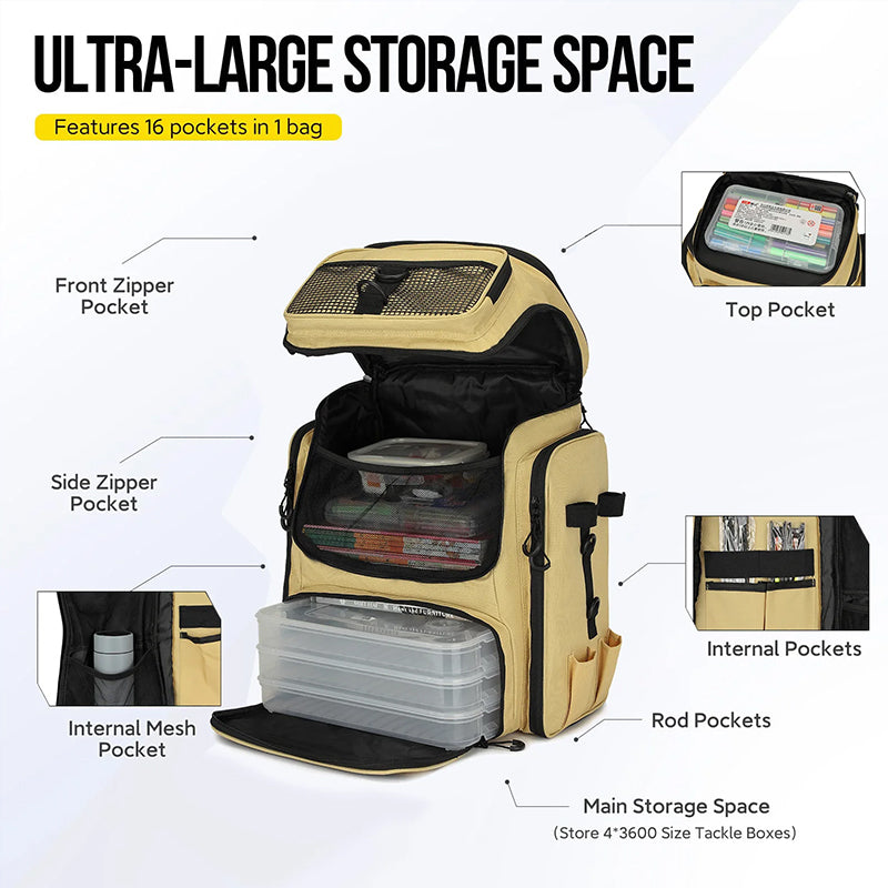42L Fishing Backpack with Rod Holder & 36 Pockets