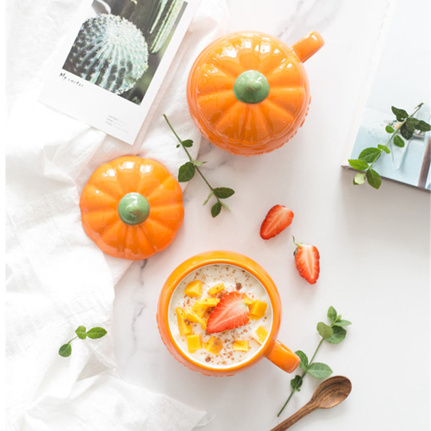 Cute Pumpkin Ceramic Mug with Lid – 250ml Halloween Coffee & Breakfast Cup