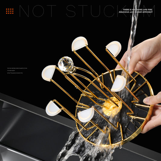 Rotating Upside-Down Glass Drying Rack – Gold Carbon Steel Countertop Cup Holder with Crystal Finial | 6-Glass Carousel Stand