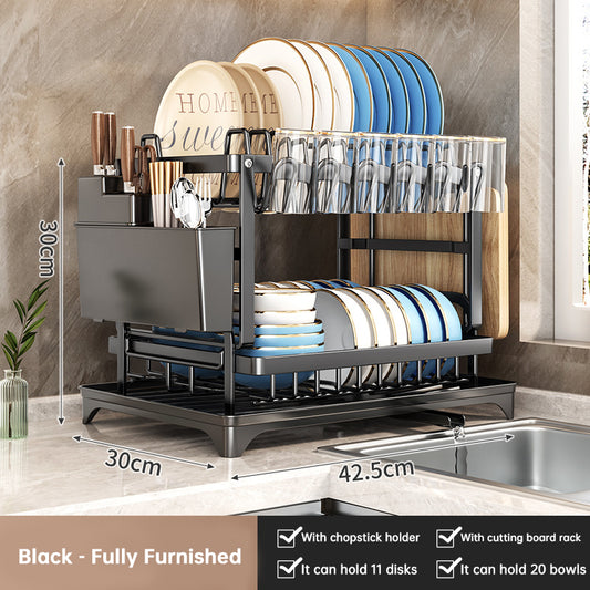 2-Tier Dish Drying Rack with Drip Tray, Chopstick Holder & Cutting Board Rack