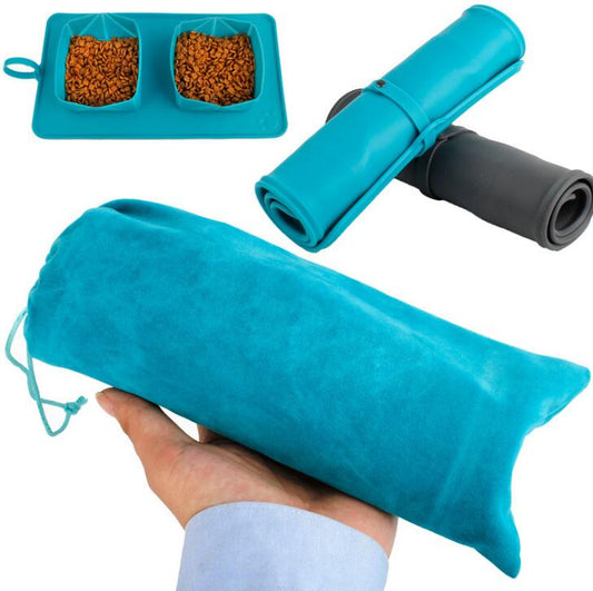 Silicone Foldable Double Pet Travel Bowl – Rollable, Portable, Leak-Resistant | Dogs & Cats | Includes Carry Bag | Blue & Grey