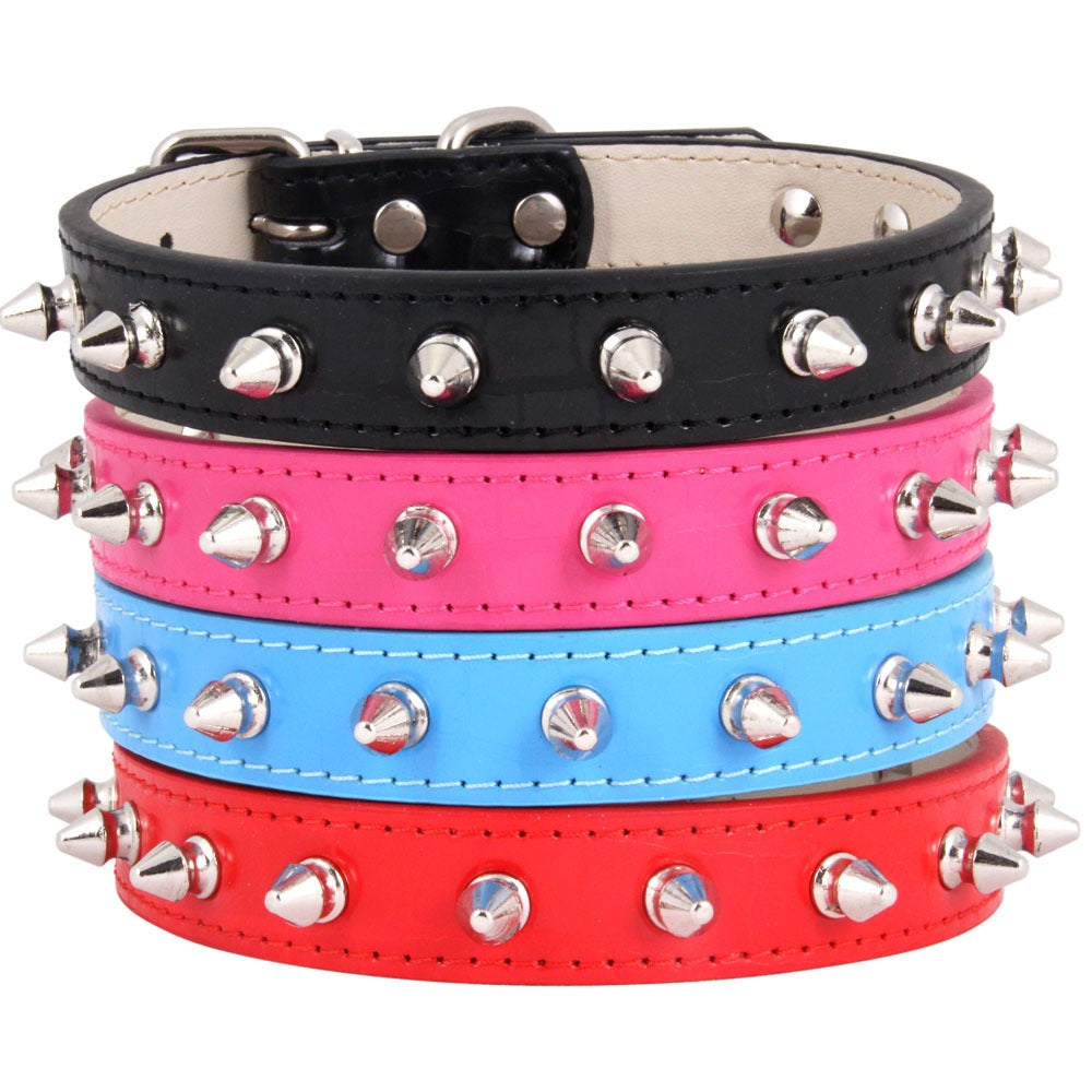 Spiked Leather Pet Collar with Silver Cone Studs – Adjustable, Soft-Lined | Dogs & Cats | XS–L | 4 Colors