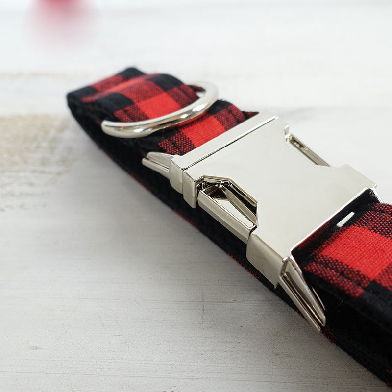 Buffalo Plaid Dog Collar & Leash Set – Red & Black Tartan, Soft-Lined, Silver Metal Hardware | XS–XL