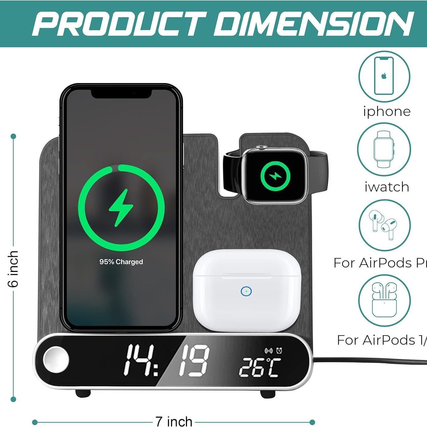 15W Wireless Charging Station with Clock & Thermometer