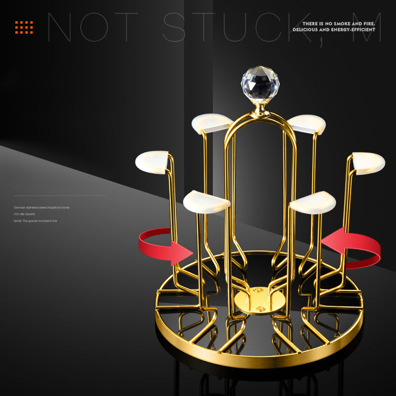 Rotating Upside-Down Glass Drying Rack – Gold Carbon Steel Countertop Cup Holder with Crystal Finial | 6-Glass Carousel Stand