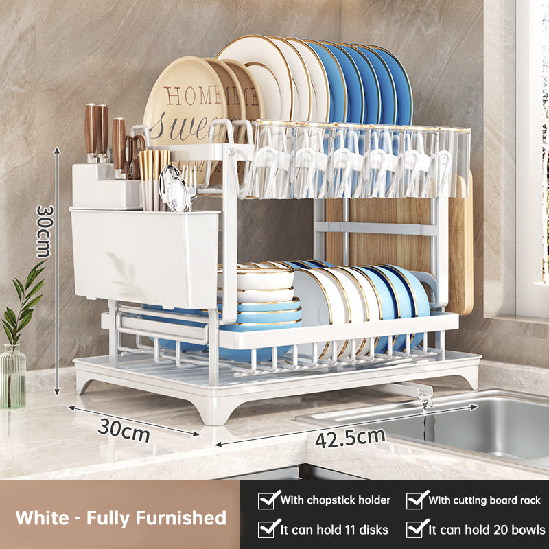 2-Tier Dish Drying Rack with Drip Tray, Chopstick Holder & Cutting Board Rack