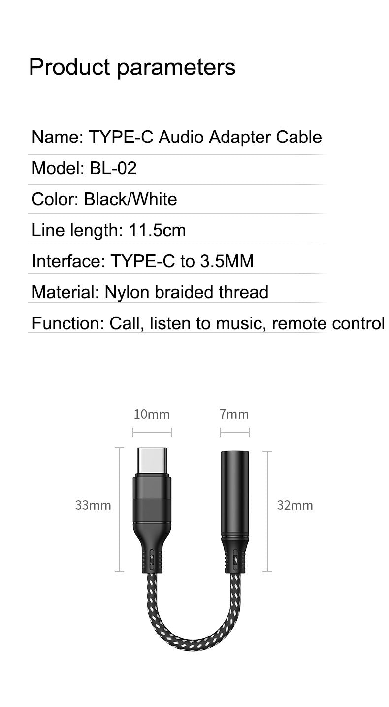 USB-C to 3.5 mm Audio Adapter Cable with Braided 11.5 cm Lead