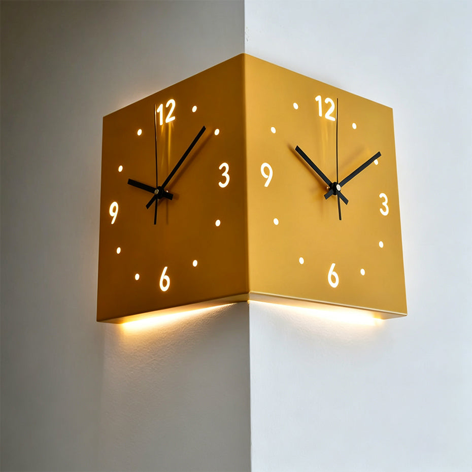 Nordic Dual-Face Corner Clock with LED Night Glow & Silent Movement