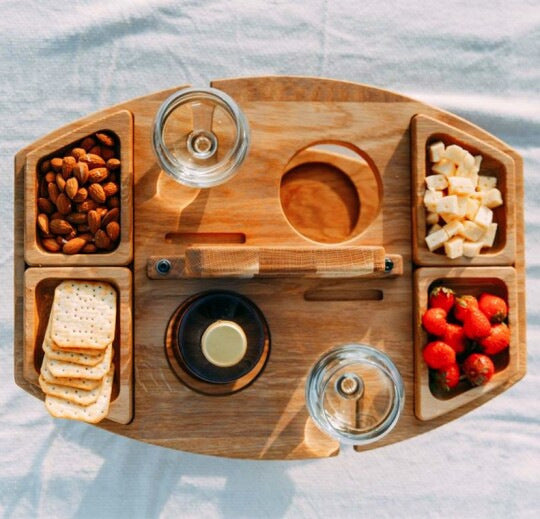 Portable Wooden Picnic Wine Caddy Tray – All-in-One Wine Bottle, Glass & Snack Holder for Outdoor Entertaining