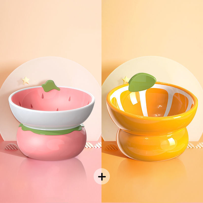Novelty Fruit Ceramic Tilted Pet Bowl – Strawberry, Orange & Pumpkin | Raised Angled Design, Cervical Spine Protection | Cats & Dogs