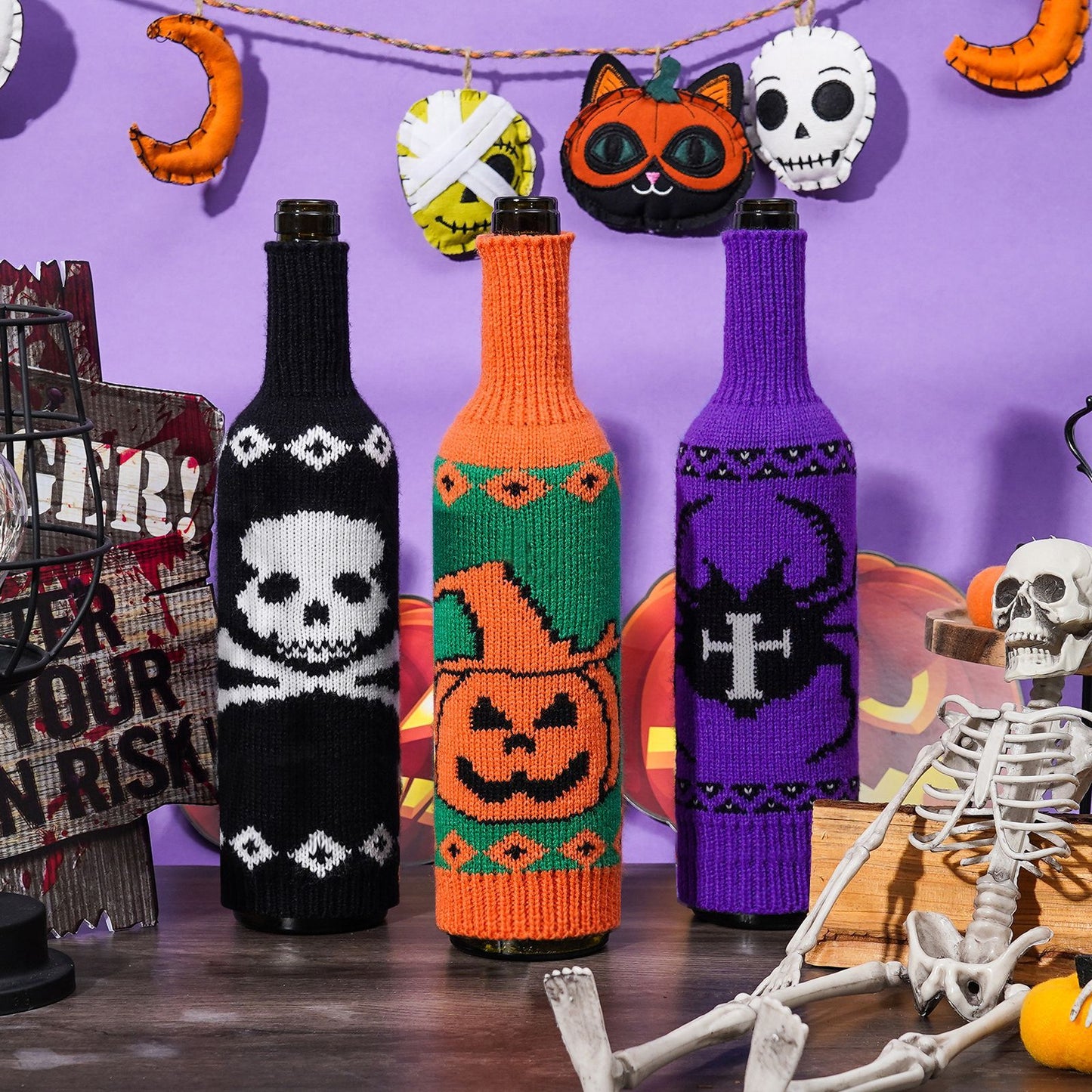 Halloween Knitted Wine Bottle Sweater Cover – Pumpkin, Skull & Spider Spooky Bottle Decoration