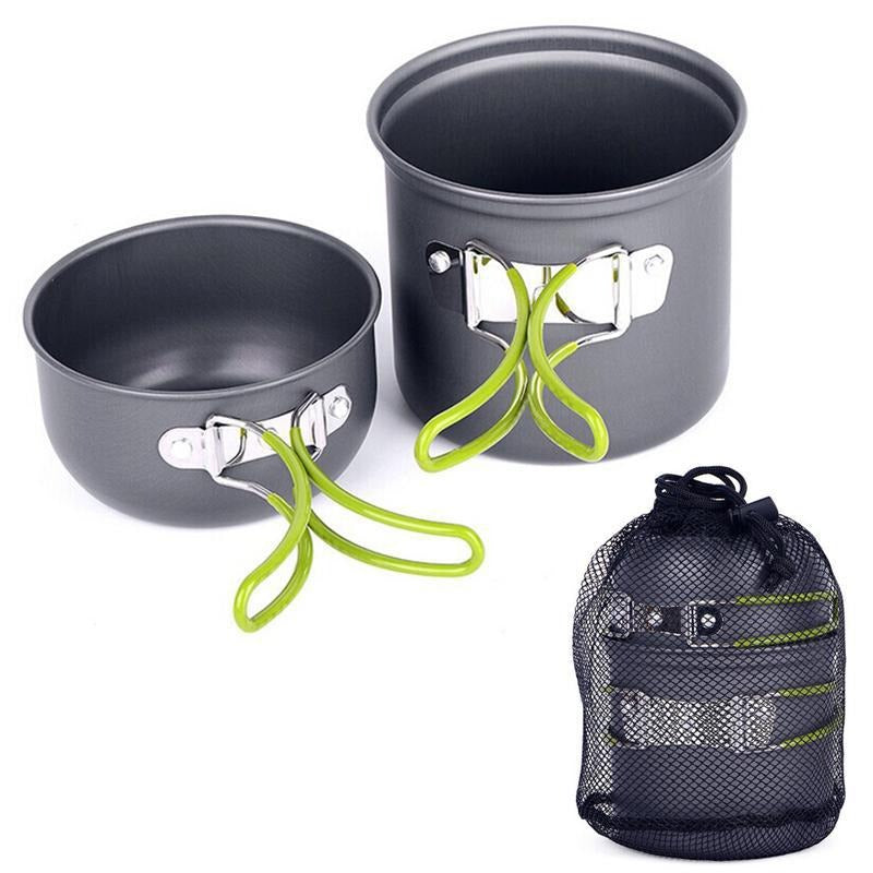Portable Aluminum Camping Cookware Set – Folding Handle Pot & Pan for 1-2 People