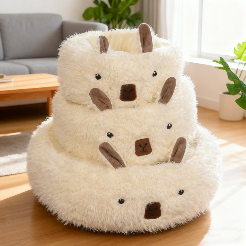 Alpaca Plush Pet Sofa Bed – Round Bolster Nest with Cute Alpaca Face | Flannel, Washable | Dogs & Cats | 3 Sizes