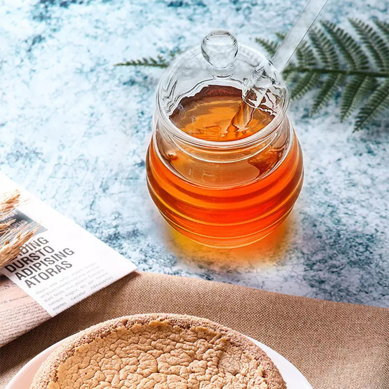 Glass Honey Jar with Lid & Glass Honey Dipper – Ribbed Beehive Design | Classic & Three Bees Styles