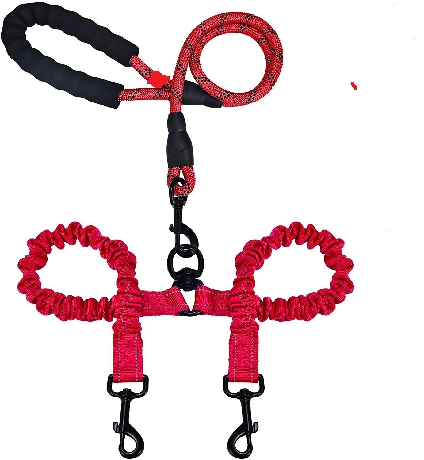 Double Dog Leash – Tangle-Free, Bungee Shock Absorber, Foam Handle & Reflective Rope | Walk 2 Dogs | 5 Colors