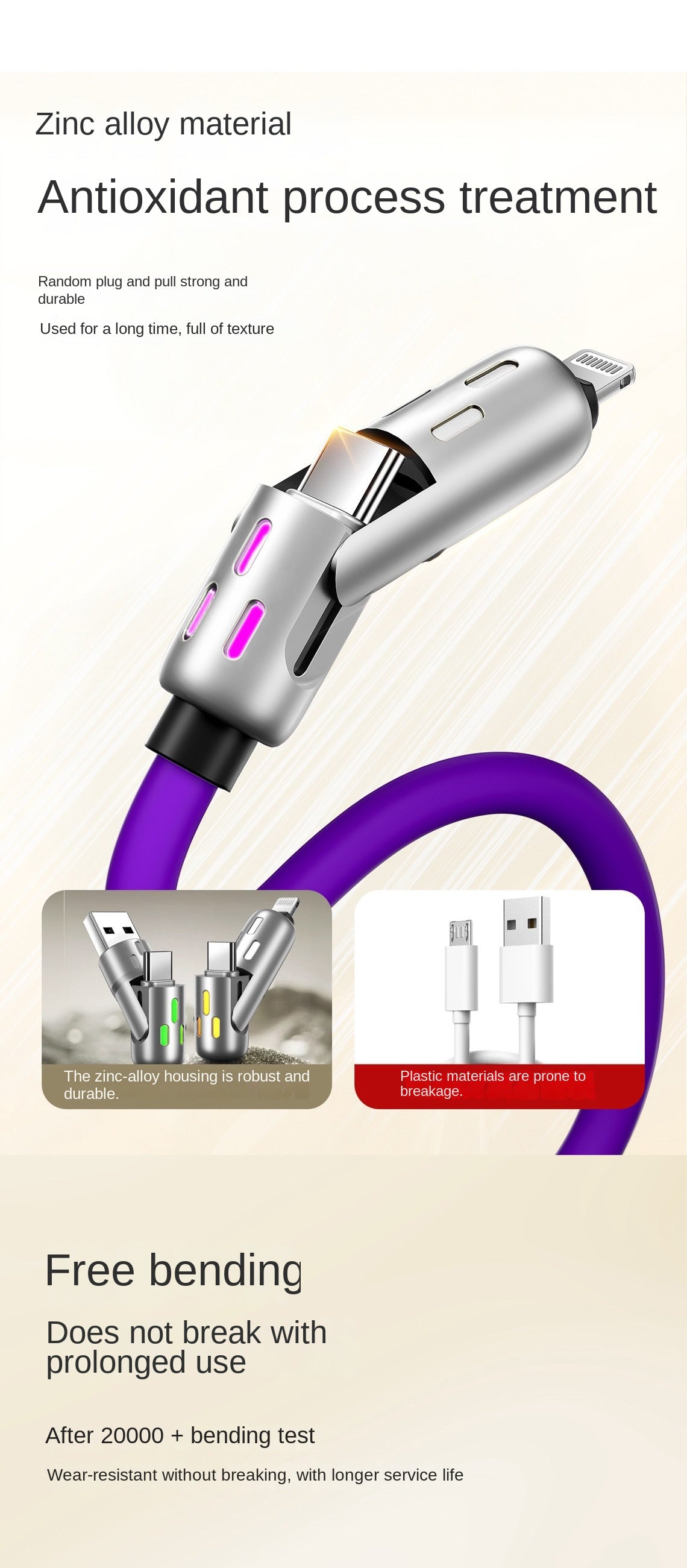 4-in-1 LED Silicone Charging Cable with 100W PD and USB-C