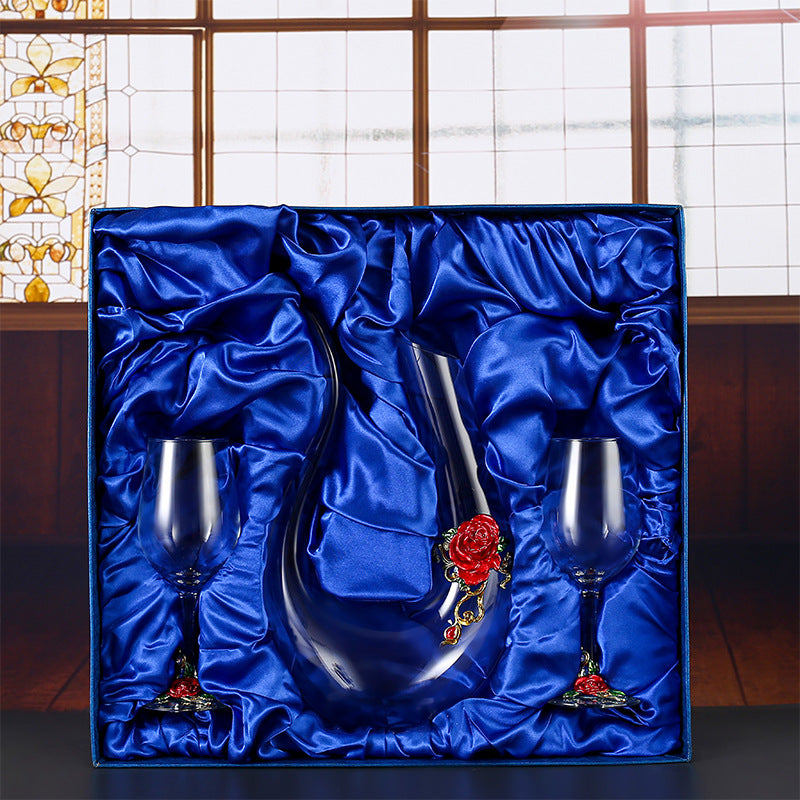 Enamel Rose Crystal Wine Glass | Hand-Painted Goblet & Decanter Gift Set