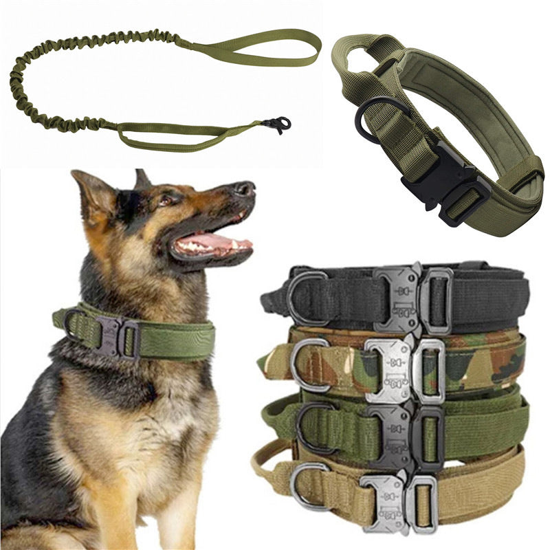 Tactical Dog Collar – Wide 3.8cm Padded Nylon Collar with Handle & Quick-Release Buckle | M, L, XL | Collar Only or 2-Piece Set with Leash