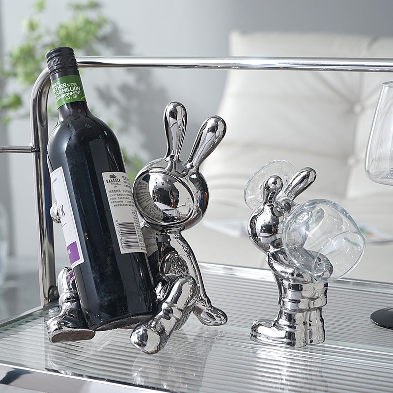 Luxury Rabbit Sculpture Wine Rack & Wine Glass Holder – Ceramic Home Décor Figurine | Silver & Gold