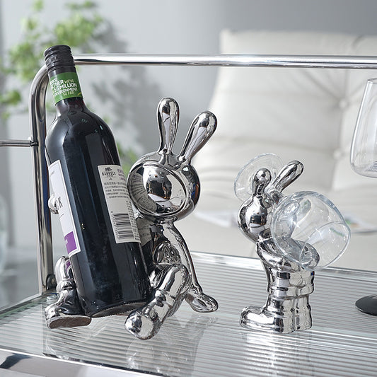 Luxury Rabbit Sculpture Wine Rack & Wine Glass Holder – Ceramic Home Décor Figurine | Silver & Gold