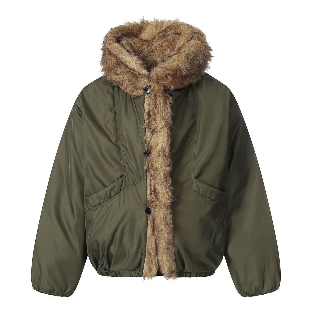 Military green fur collar hooded cotton jacket with a silhouette