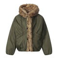 Military green fur collar hooded cotton jacket with a silhouette