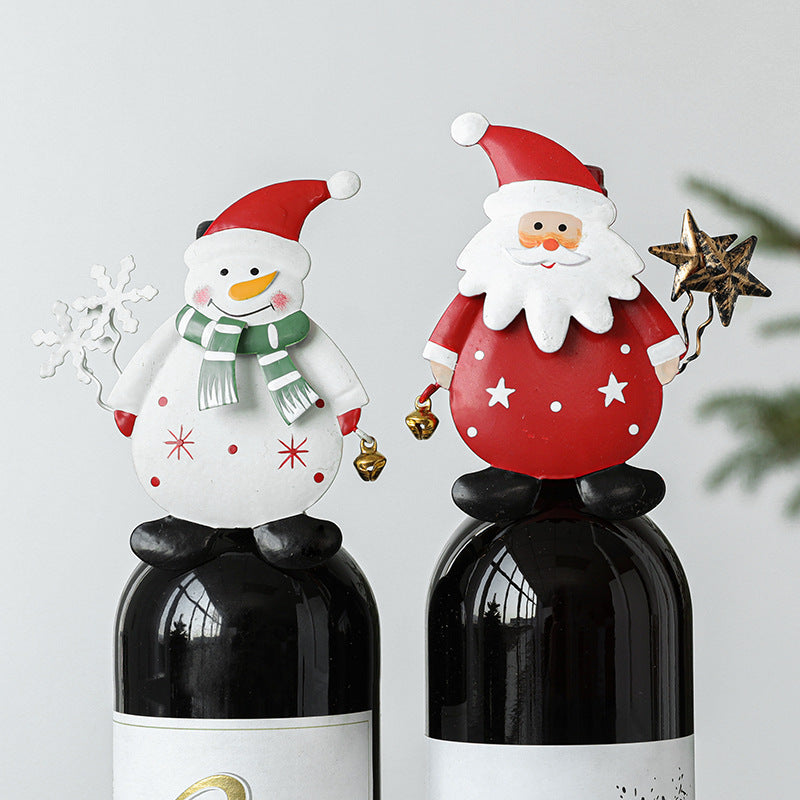 Christmas Wine Bottle Topper Figurine – Painted Metal Santa Claus & Snowman with Jingle Bell | Holiday Decoration