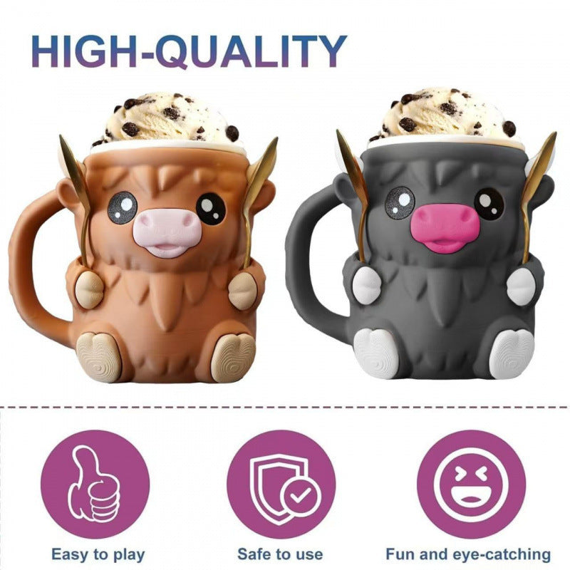 Highland Cow & Penguin Ice Cream Pint Holder Mug | Cute Ceramic Animal Cup