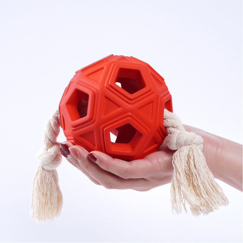 Hollow Rubber Chew Ball with Cotton Rope Tug – Hexagonal Lattice Molar & Tug-of-War Dog Toy | 107mm | Red