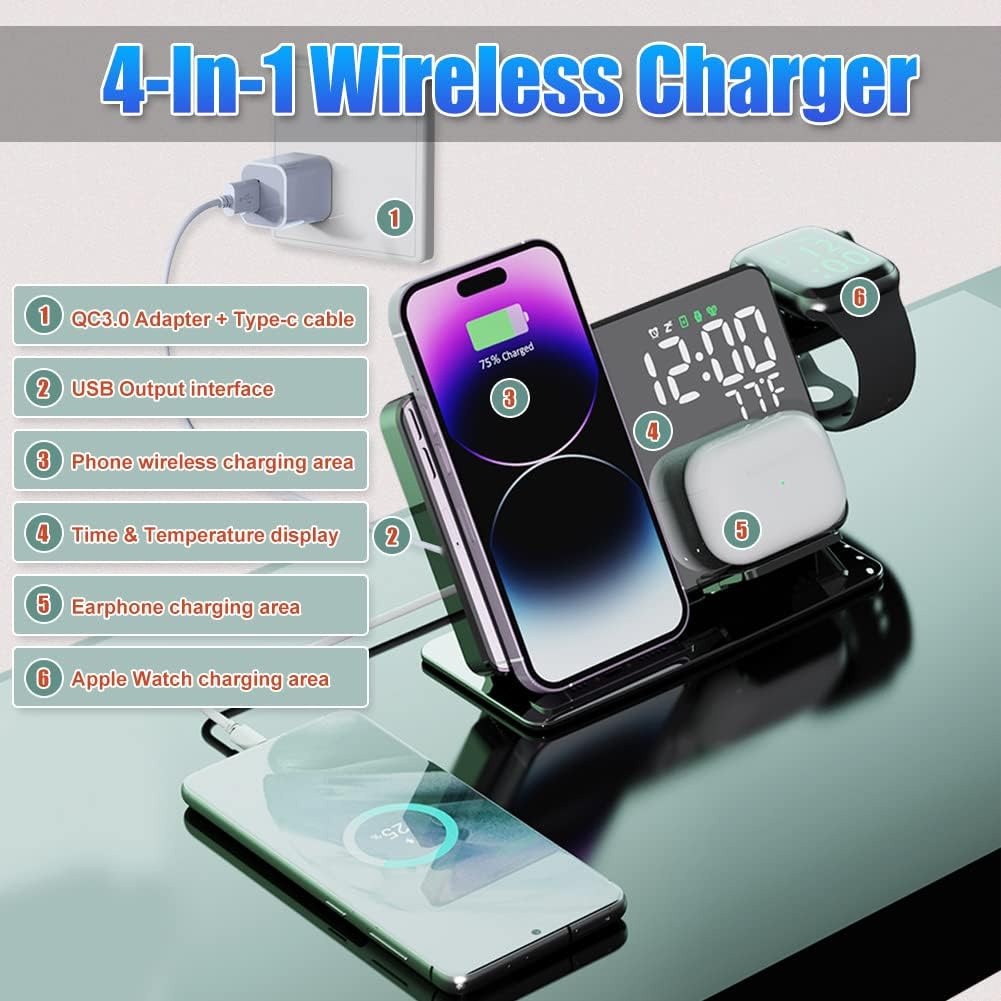 15W Wireless Charging Alarm Clock with Thermometer & Time Display