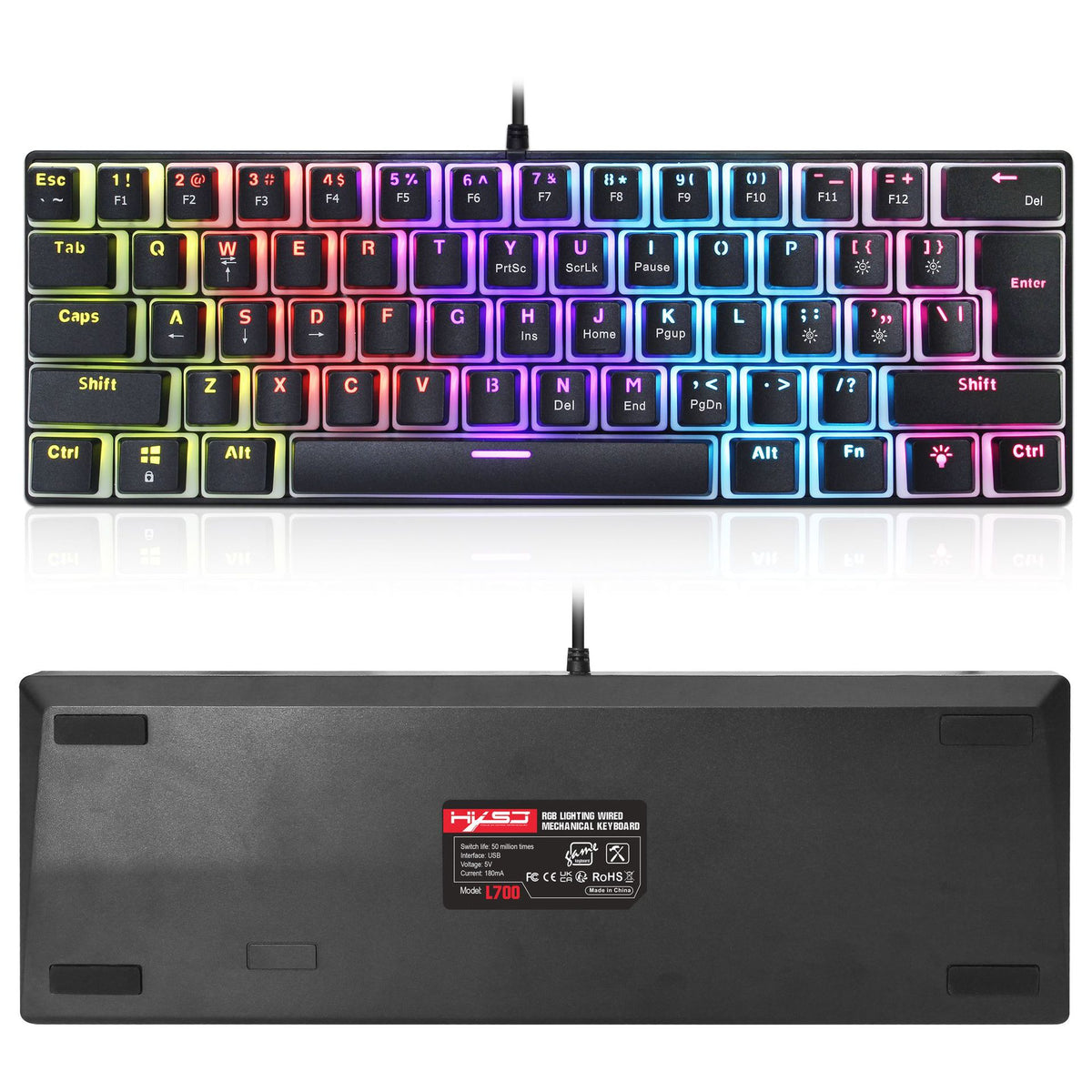 HXSJ L700 61-Key Wired Mechanical Keyboard with Pudding Keycaps