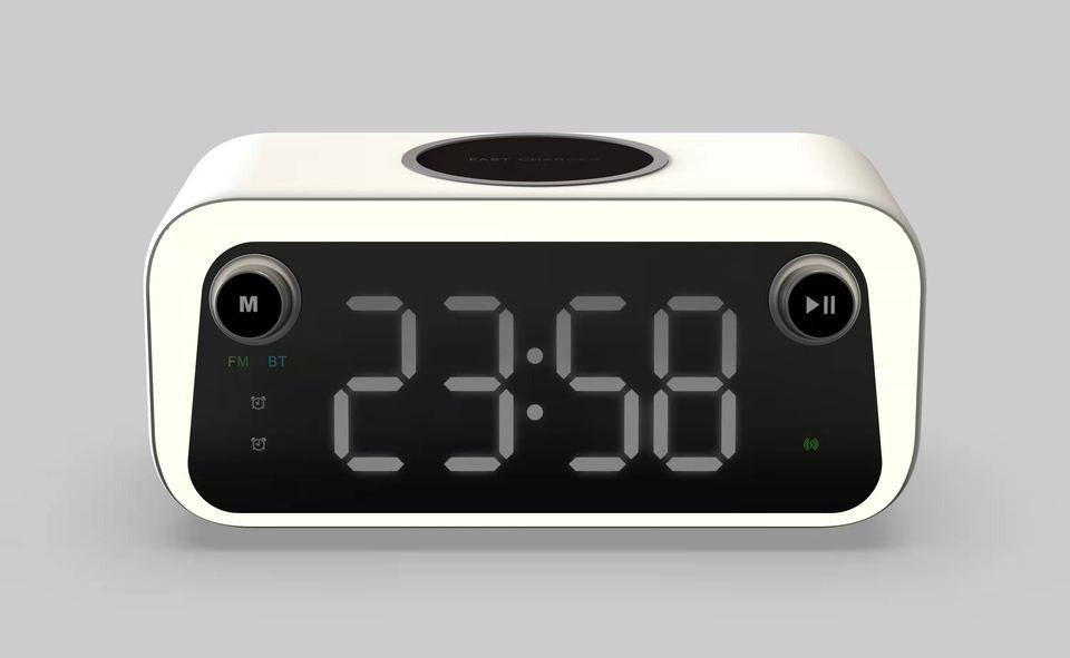5-in-1 Alarm Clock with 15W Wireless Charger, Bluetooth Speaker & FM Radio
