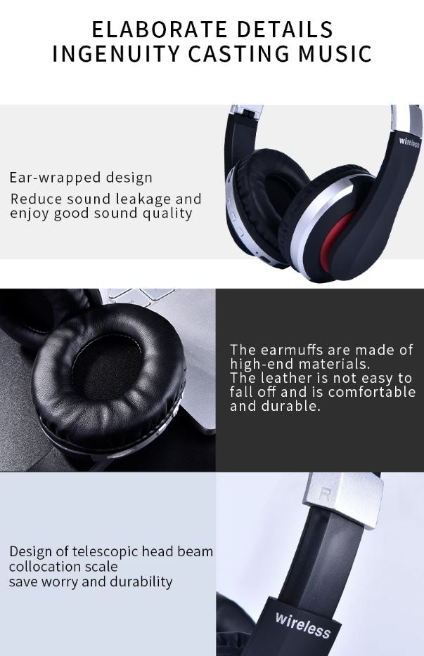 MH7 Foldable Wireless Bluetooth Headphones with Mic – TF Card, FM Radio & AUX Support