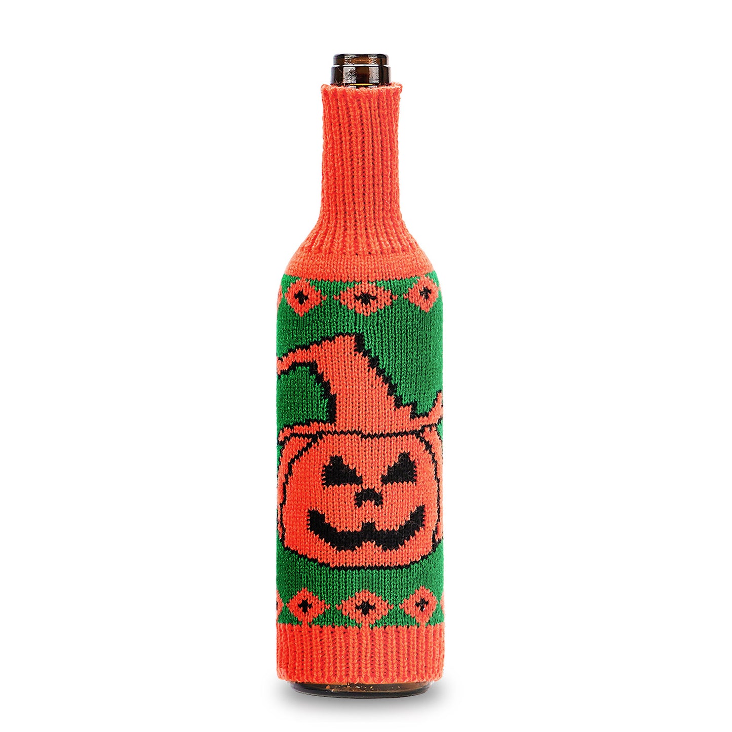 Halloween Knitted Wine Bottle Sweater Cover – Pumpkin, Skull & Spider Spooky Bottle Decoration