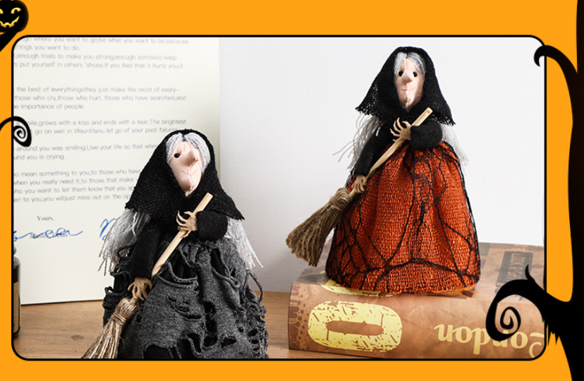 Halloween Witch & Broom Fabric Ornament, Black or Orange