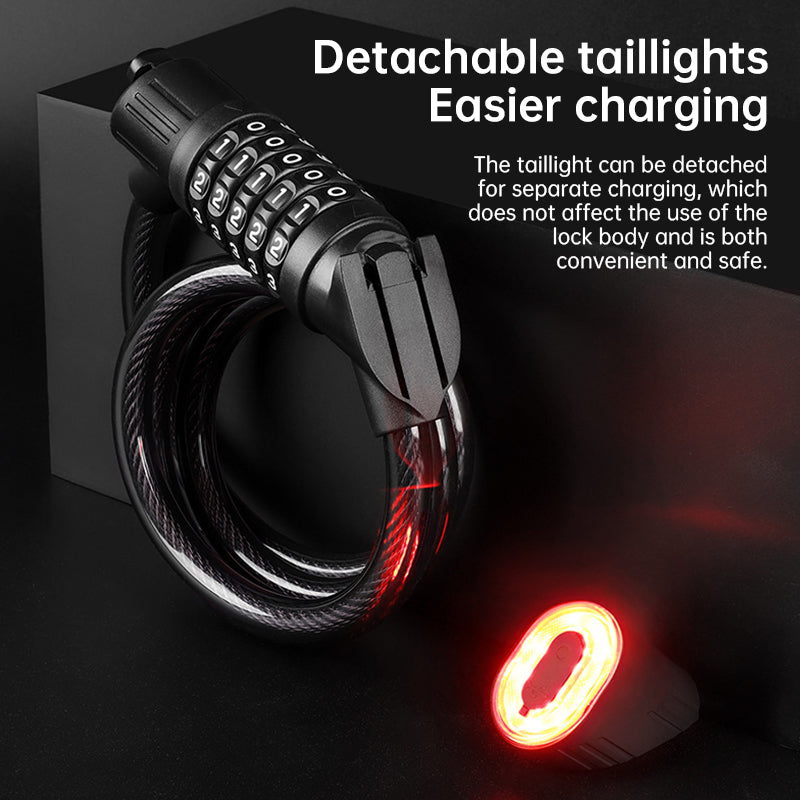 5-Digit Combination Bike Lock with Rechargeable Tail Light – Anti-Theft Steel Cable Chain Lock