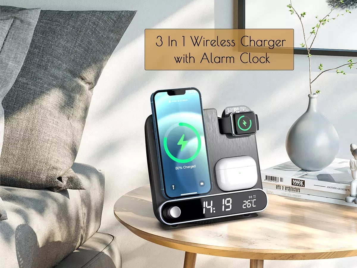 15W Wireless Charging Station with Clock & Thermometer