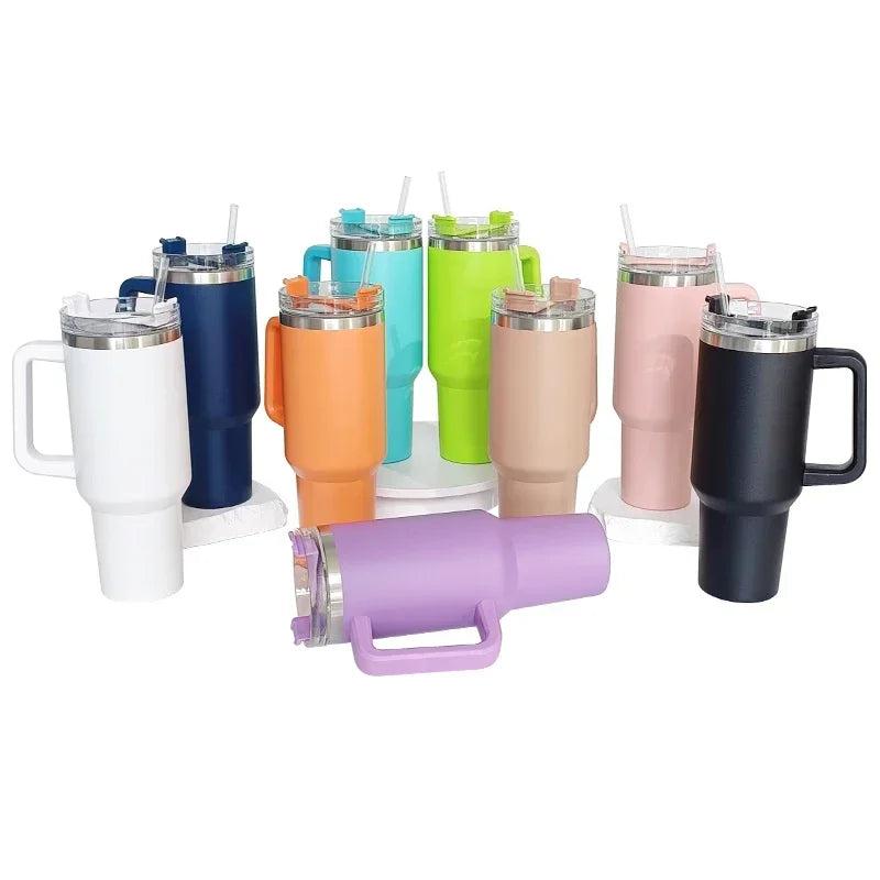 40oz Insulated Stainless Steel Tumbler with Handle, Lid & Straw – Travel Coffee Cup