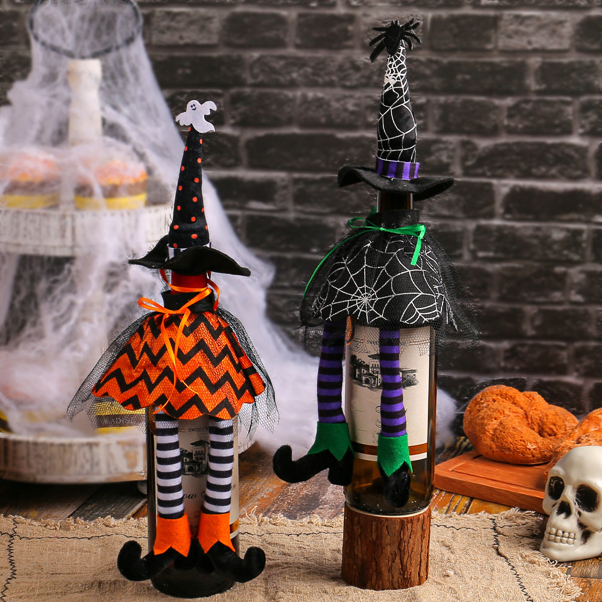 Halloween Witch Wine Bottle Cover – Spiderweb Dress & Striped Legs Novelty Bottle Topper Decoration