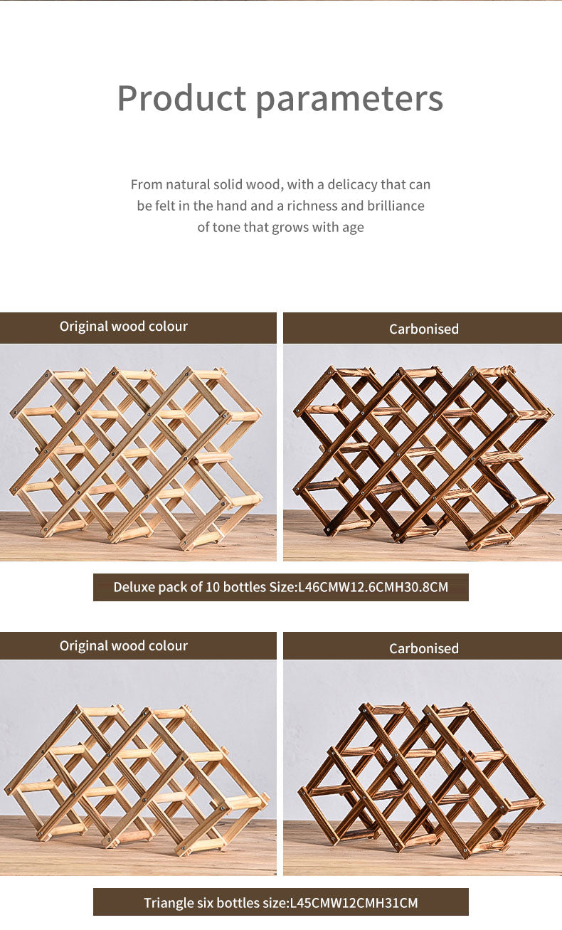 Foldable Solid Wood Wine Rack – Diamond Lattice Countertop Bottle Holder | Natural & Carbonized | 3, 5, 6 & 10 Bottle