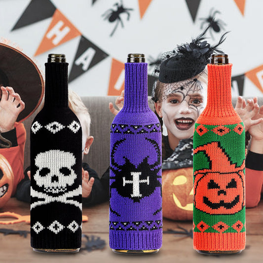 Halloween Knitted Wine Bottle Sweater Cover – Pumpkin, Skull & Spider Spooky Bottle Decoration
