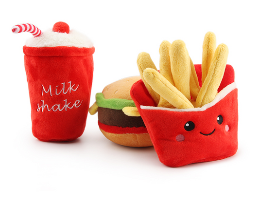 Fast Food Plush Squeaky Dog Toy – Cute French Fries, Burger & Cup Designs | Soft Chew & Squeak | Dogs | 3 Styles