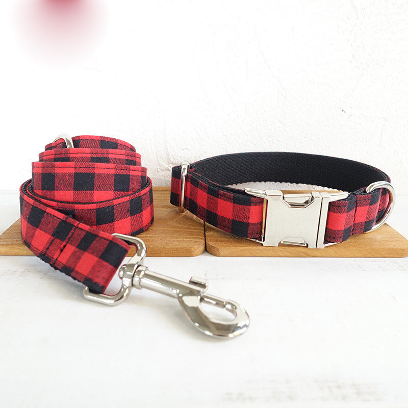 Buffalo Plaid Dog Collar & Leash Set – Red & Black Tartan, Soft-Lined, Silver Metal Hardware | XS–XL