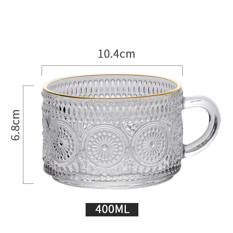 Sunflower Embossed Glass Mug with Gold Rim – 400ml Vintage Floral Clear Cup for Coffee, Tea & Milk