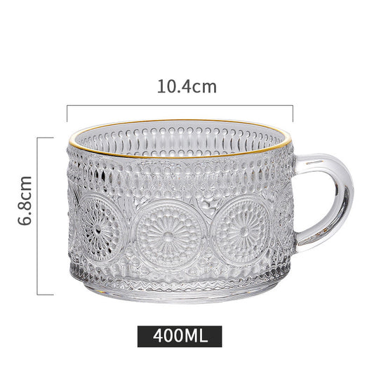 Sunflower Embossed Glass Mug with Gold Rim – 400ml Vintage Floral Clear Cup for Coffee, Tea & Milk