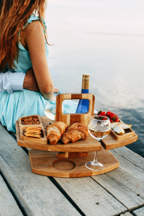 Portable Wooden Picnic Wine Caddy Tray – All-in-One Wine Bottle, Glass & Snack Holder for Outdoor Entertaining