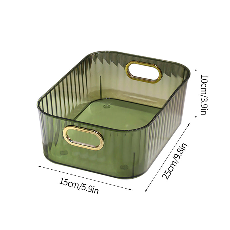 Ribbed Desktop Storage Organizer Bin with Gold Handles – Clear & Dark Green | Vanity, Desk & Kitchen | Small & Large