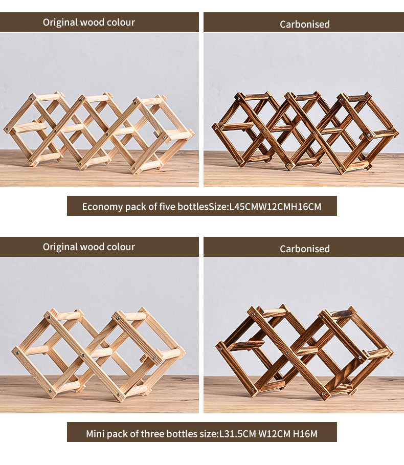 Foldable Solid Wood Wine Rack – Diamond Lattice Countertop Bottle Holder | Natural & Carbonized | 3, 5, 6 & 10 Bottle