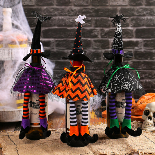 Halloween Witch Wine Bottle Cover – Spiderweb Dress & Striped Legs Novelty Bottle Topper Decoration