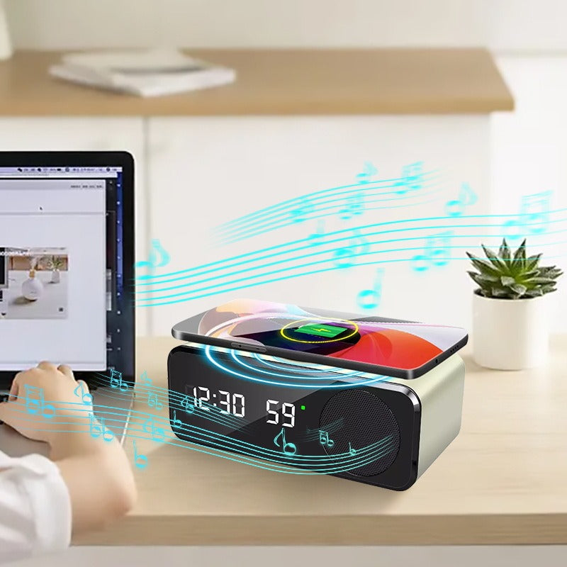 Bluetooth Speaker with Wireless Charging, Clock Display and Thermometer
